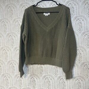 Victoria's Secret PINK V-Neck Cable Knit Pullover Sweater Medium Olive Green